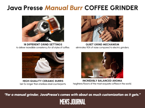 JavaPresse Manual Coffee Grinder has 18 different settings, quiet grind mechanism and ceramic burrs