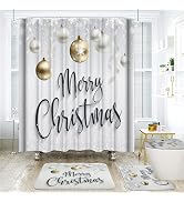 Onalasyc 4-Piece Christmas Shower Curtain Set,Golden Silver Xmas Ball Snowflake Holiday Waterproo...