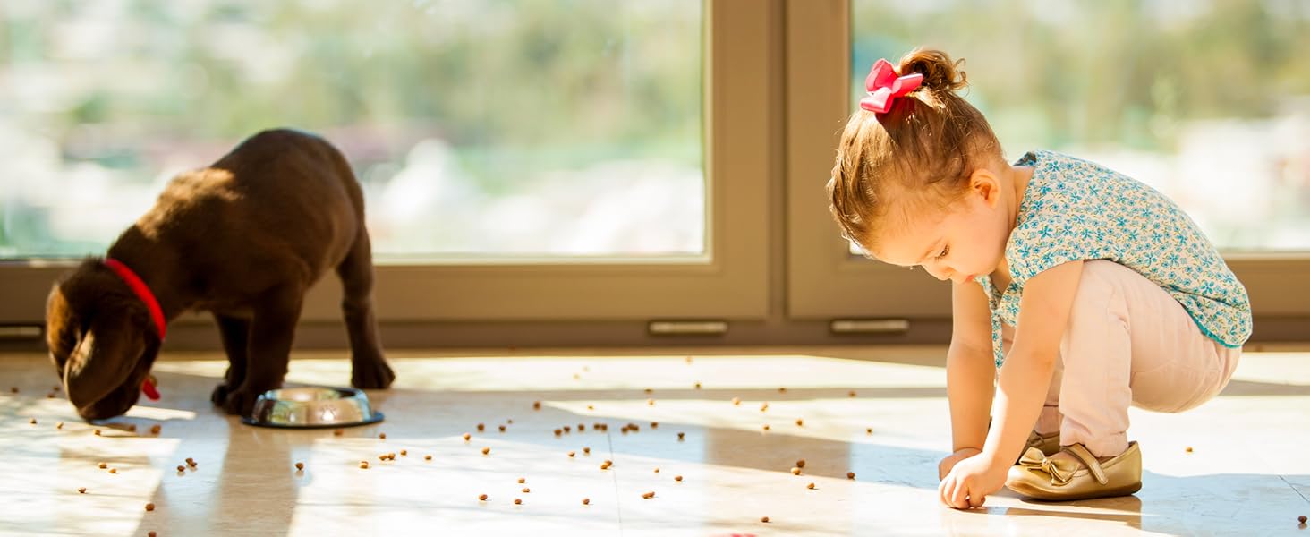 girl picking up dog food from floor