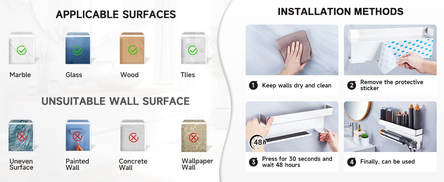 Text reads 'APPLICABLE SURFACES' showing suitable surfaces (Marble, Glass, Wood, Tiles) and unsuitable surfaces, plus four-step installation method diagram. Duplicate of Image 1 with simplified layout.