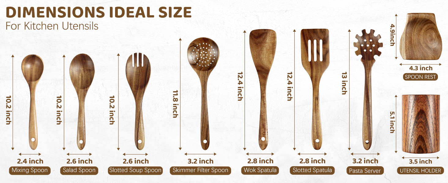 Natural Teak Utensil Set Size