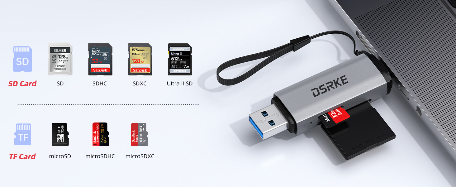 Various memory cards and USB devices displayed alongside a card reader device