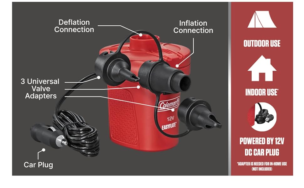 Electric pump with adapters, inflation ports, car plug, indoor/outdoor use