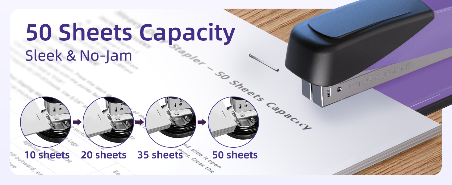 This heavy-duty stapler can staple 50 sheets. This stapler offers a high-quality, no-jam stapling.