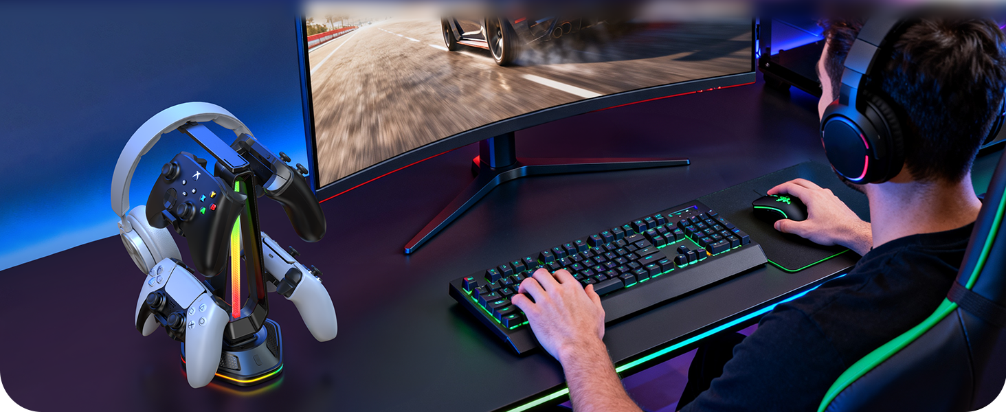 RGB Gaming Headphones Stand with 12 Light Modes, Controller Holder with 2 USB Charging Ports
