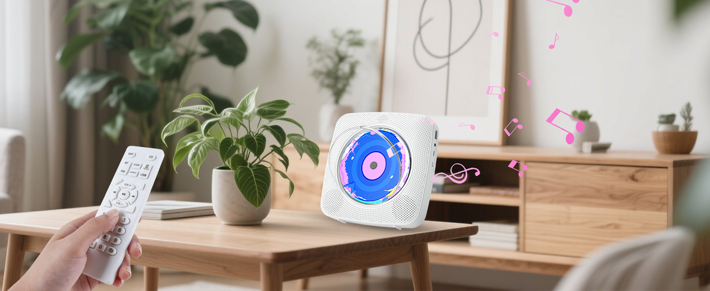 Multiple views of a round white smart device mounted on wall and being controlled via smartphone app. Shows interior home setting with plants and wooden furniture.