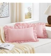 KKJIAF Light Pink Lumbar Pillow Covers 12x20 Inch Set of 2, Microfiber Ruffled Pillow Shams, Ruff...