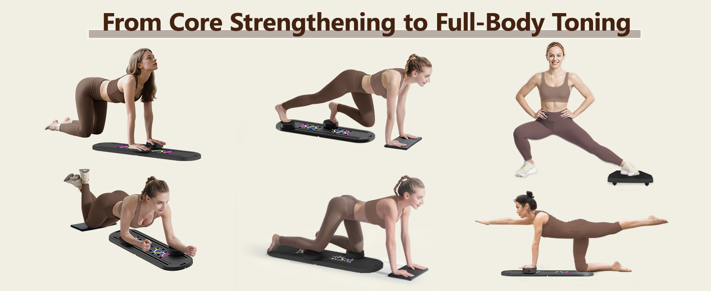 Various core and toning exercises performed on a pilates board