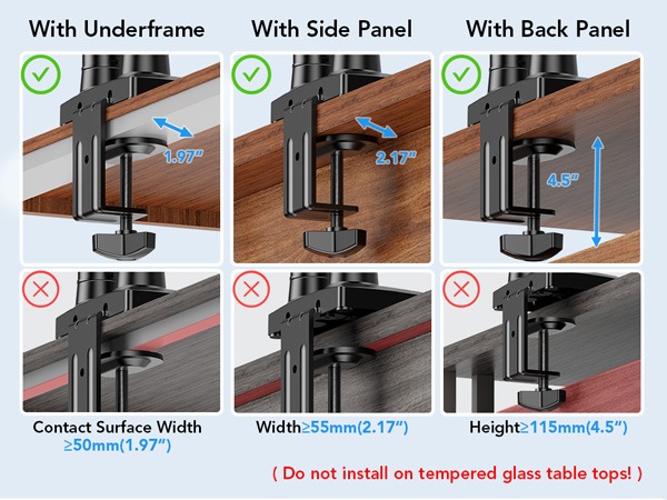 Text reads: 'With Underframe', 'With Side Panel', 'With Back Panel', 'Contact Surface Width', 'Width', 'Height'. Installation guide showing correct and incorrect mounting methods for table clamps with green checkmarks and red X marks.