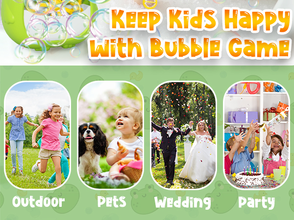 Promotional image for bubble game showing soap bubbles and four scenes: children playing outdoors, a child with a dog, a wedding couple, and kids at a party.