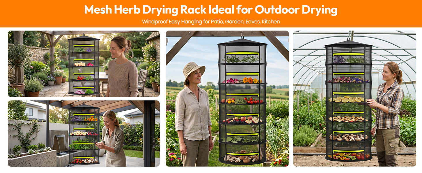 Mesh herb drying rack for outdoor drying, windproof for patio, garden and greenhouse use