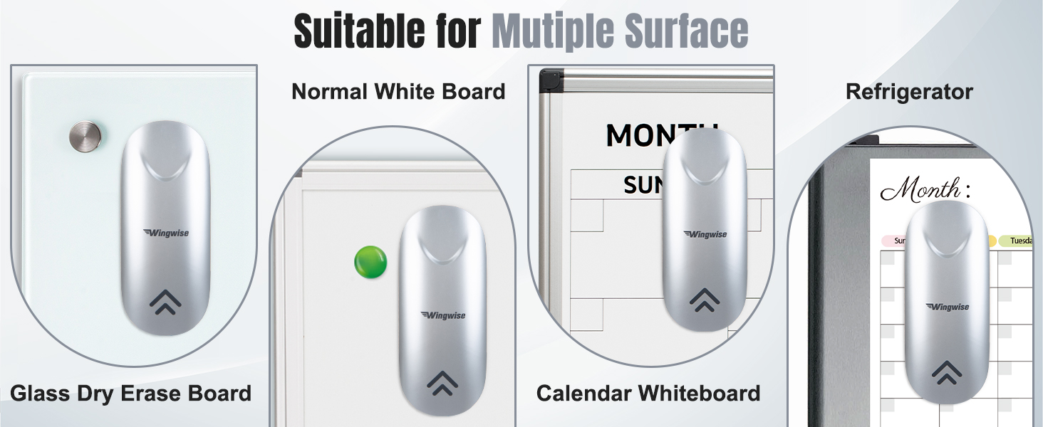 Wingwise dry erase eraser works on multiple surfaces.