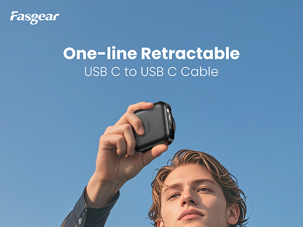 Fasgear retractable USB-C to USB-C cable product promotion against blue background showing compact black charging device.