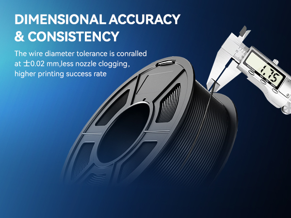 3D printing filament spool with precise wire diameter tolerance of ±0.02 mm, emphasizing dimensional accuracy and consistency for improved printing success rates.
