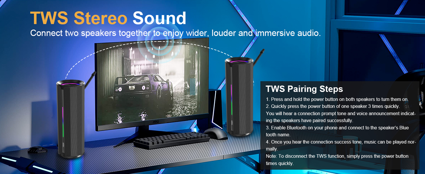 Text reads 'TWS Stereo Sound' and 'TWS Pairing Steps'. Blue promotional display showing computer setup with wireless earbuds and gaming peripherals demonstrating audio technology.