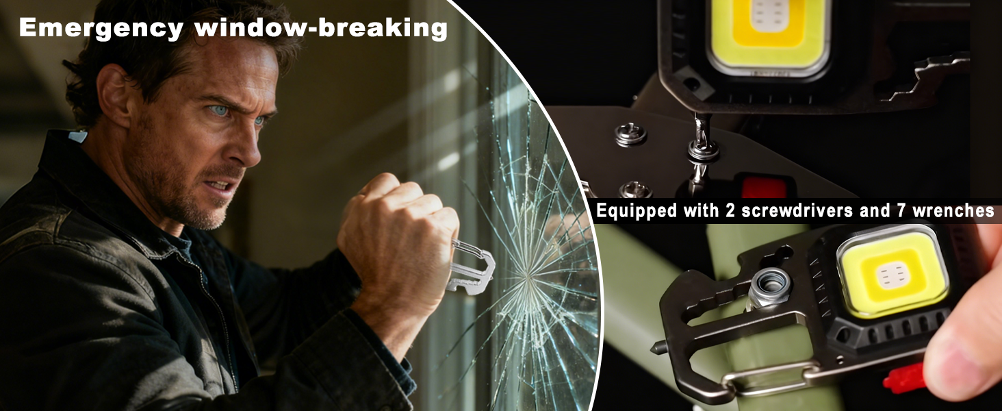 Emergency car window-breaking device for survival.Equipped with 2 screwdrivers and 7 wrenches