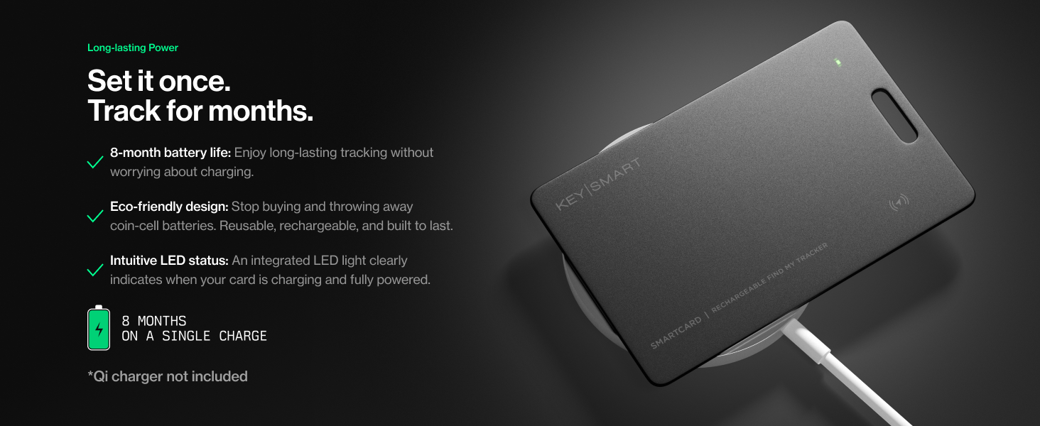 Text reads "Set it once. Track for months." Black rectangular pet tracking device shown with charging cable and white USB adapter on dark background with product description text.