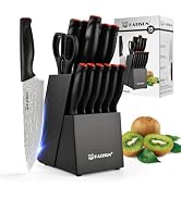 Katisun Damascus Pattern 15-Piece Kitchen Knife Set With Block, High Carbon Steel Chef Knife, Inc...