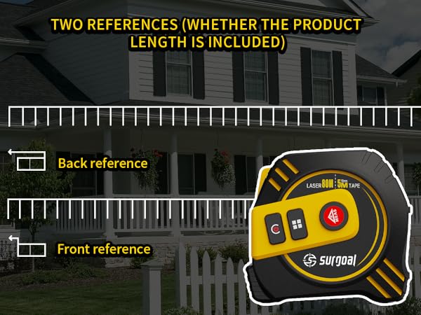 laser measuring tape, black and yellow design, front and back reference display.