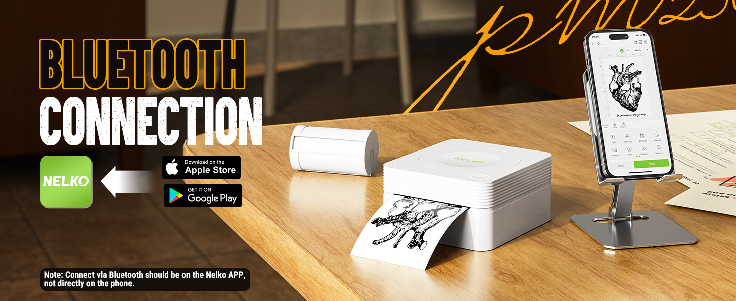 Bluetooth-enabled thermal printer with white cube design, alongside a smartphone displaying a heart illustration. Compatible with Apple and Google Play stores.