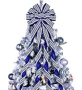Christmas Tree Topper Bow Large Blue Christmas Wreath Bow Tree Topper, Flocking Fabric with White...