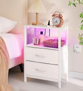 Yoobure Nightstand with Charging Station, LED Night Stand with Fabric Drawers and Storage Shelf f...