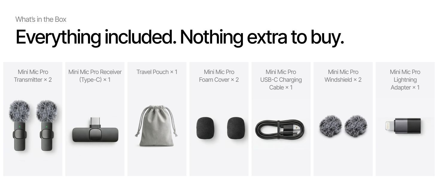 mini mic pro complete kit: 2 transmitters, usb-c receiver, lightning adapter, foam covers, windshiel