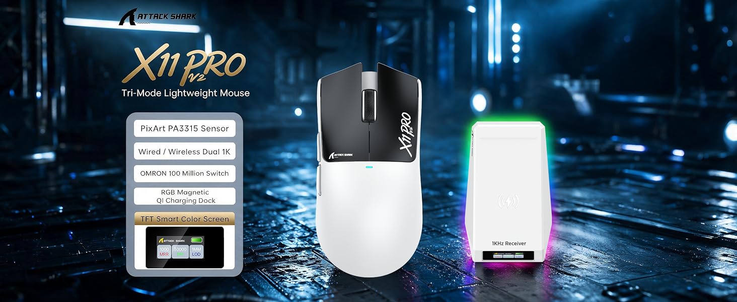 ATTACK SHARK X11 PRO V2 wireless gaming mouse with magnetic charging dock