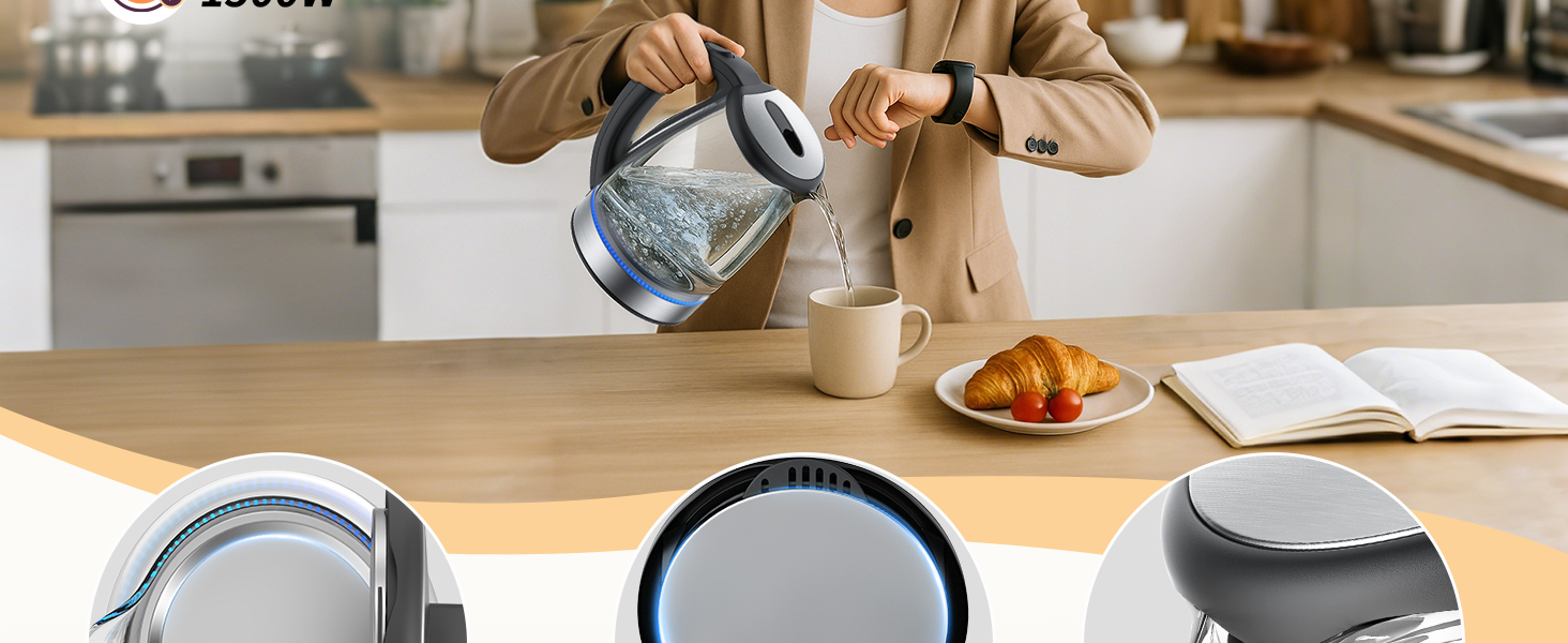 Electric Kettle Glass 2L, 1500W Fast Boiling Hot Water Boiler with Auto Shut-Off, LED Light