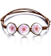 RINHOO Handmade Dry Pressed Flower Cherry Blossom Gemstone Glass Cover Charms Adjustable Rope Str...