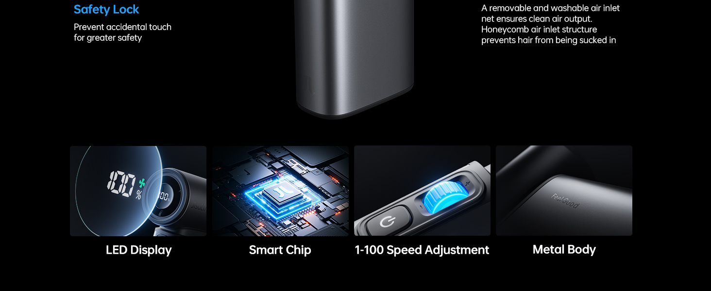 Composite image showcasing features of an electronic device: LED display, smart chip, speed adjustment dial, and metal body construction. Product appears to be a high-tech personal care or grooming tool.