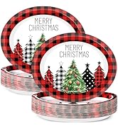 50Pcs Christmas Buffalo Plaid Tree Oval Plates 11 Inch Red and Black Gingham Paper Tableware Merr...