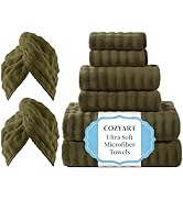 COZYART Lint Free Towel Sets 8 Pcs Olive Green, 500GSM, Super Soft, Absorbent &amp; Quick Dry Microfi...