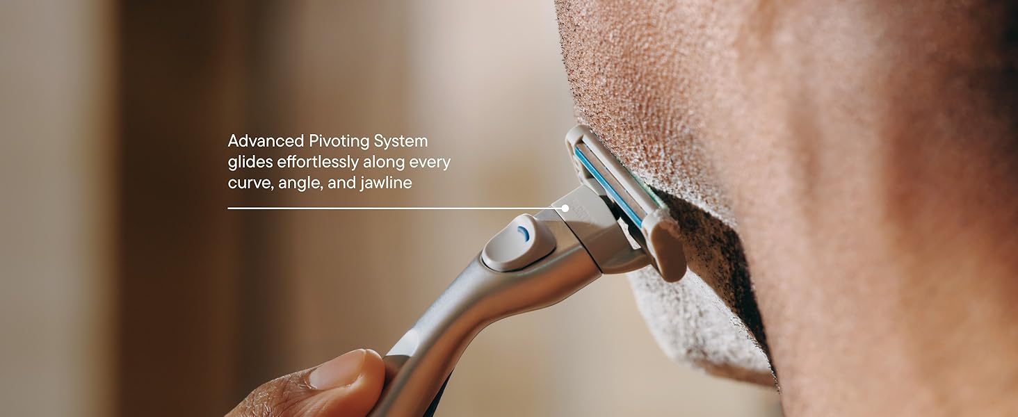 Harrys Plus razor shaving jawline with pivoting head gliding smoothly over curves angles and skin