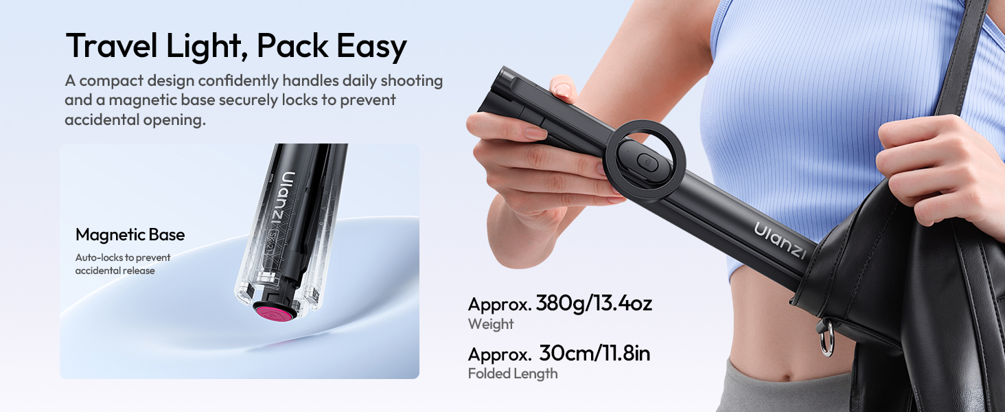 Text reads 'Travel Light, Pack Easy'. Product demonstration showing magnetic mounting system with specifications indicating 'Approx. 300g/10.4oz' and 'Approx. 32mm/1.3in'.