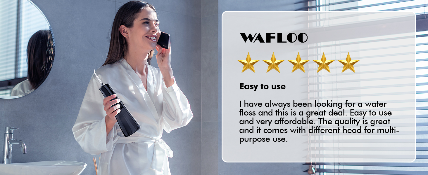 Woman using a handheld device in front of a window. Product review text visible, mentioning ease of use and effectiveness.