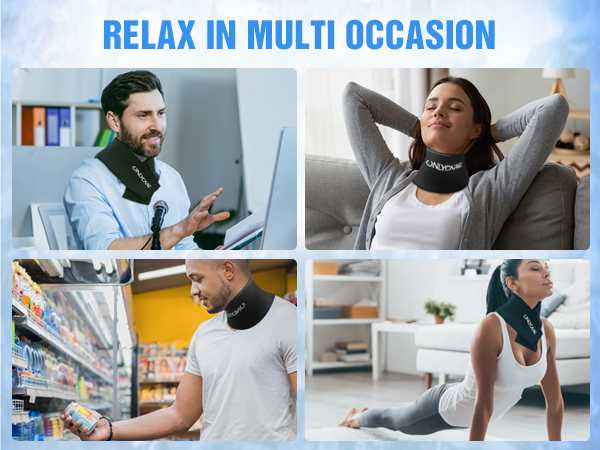 Multi-panel image showing neck support device being used in various settings: office work, relaxation, shopping, and exercise.
