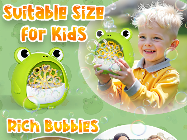 Green frog-shaped bubble machine for children. Device produces numerous bubbles, demonstrated by smiling child in yellow shirt holding the toy outdoors.