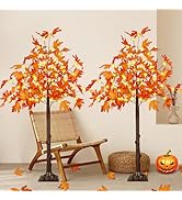 2 Pack 4FT Artificial Lighted Maple Tree, Halloween Decorations for Home with Timer, 100 LED Prel...