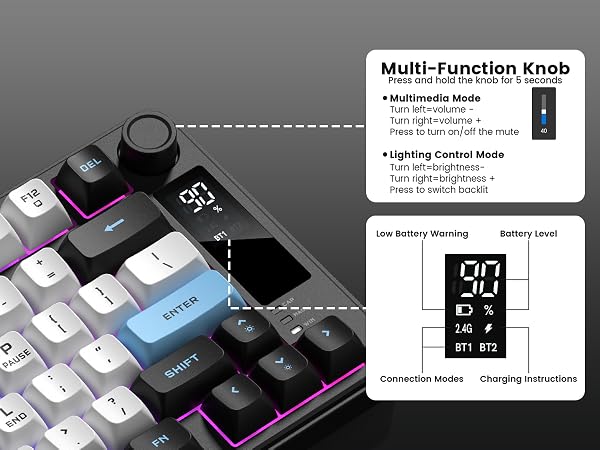 mechanical keyboard featuring a multi-function knob and a small display screen