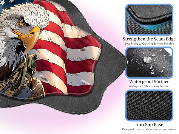 USA flag eagle mousepad features including stitched edges, waterproof surface, and anti-slip base.