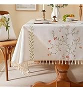 Laolitou Spring Pink Floral Table Cloth Rectangle Table, Embroidery Heavy Duty Cotton Linen Table...