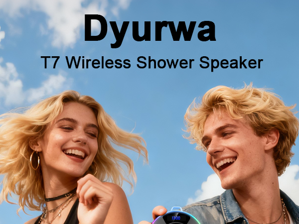 Text reads: 'Image 5' and 'Dyurwa T7 Wireless Shower Speaker'. Promotional image showing two people outdoors against blue sky background.