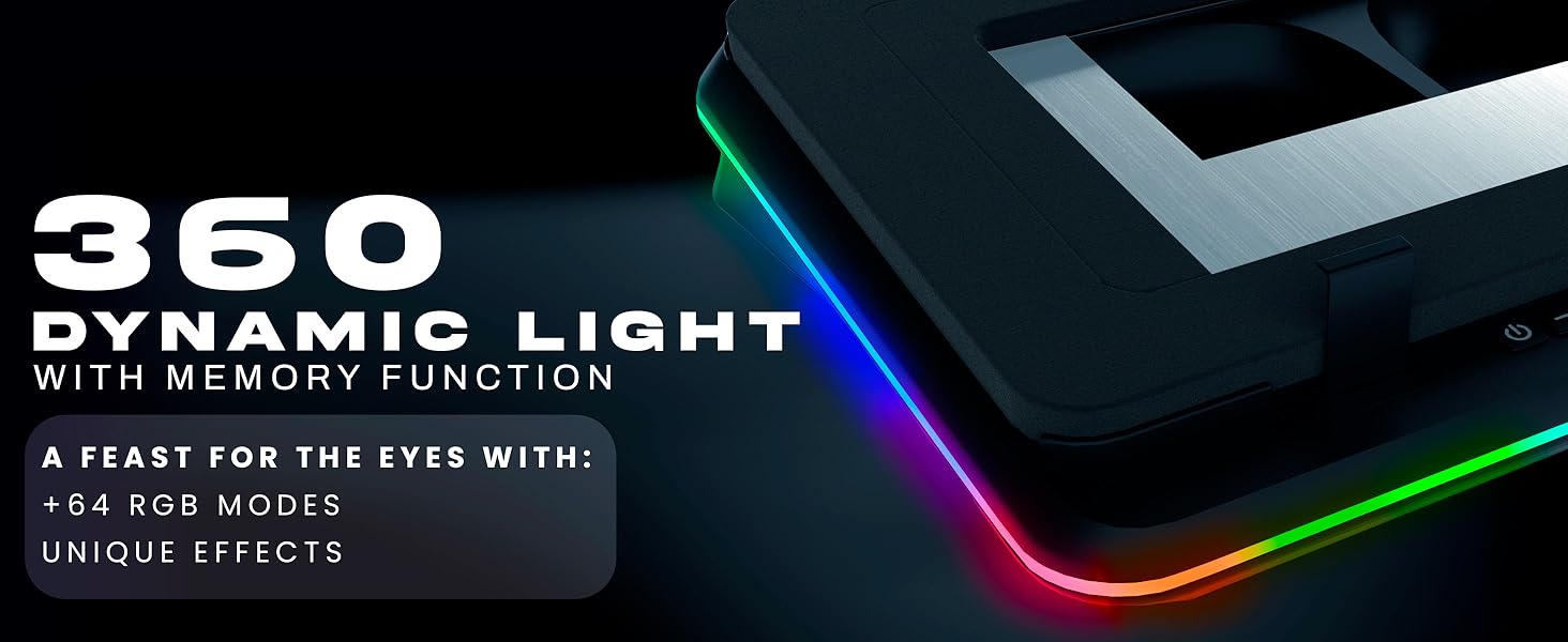 Text reads 'DYNAMIC LIGHT' '360' 'WITH MEMORY FUNCTION' 'A FEAST FOR THE EYES WITH'. Dark background with colorful light effects and white text.