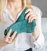 Hands holding and displaying a teal microfiber cleaning cloth against a gray background.