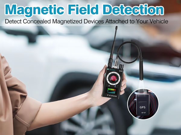 Text reads 'Magnetic Field Detection' and 'Detect Concealed Magnetized Devices Attached to Your Vehicle'. Shows dashboard mounted device with circular display interface.
