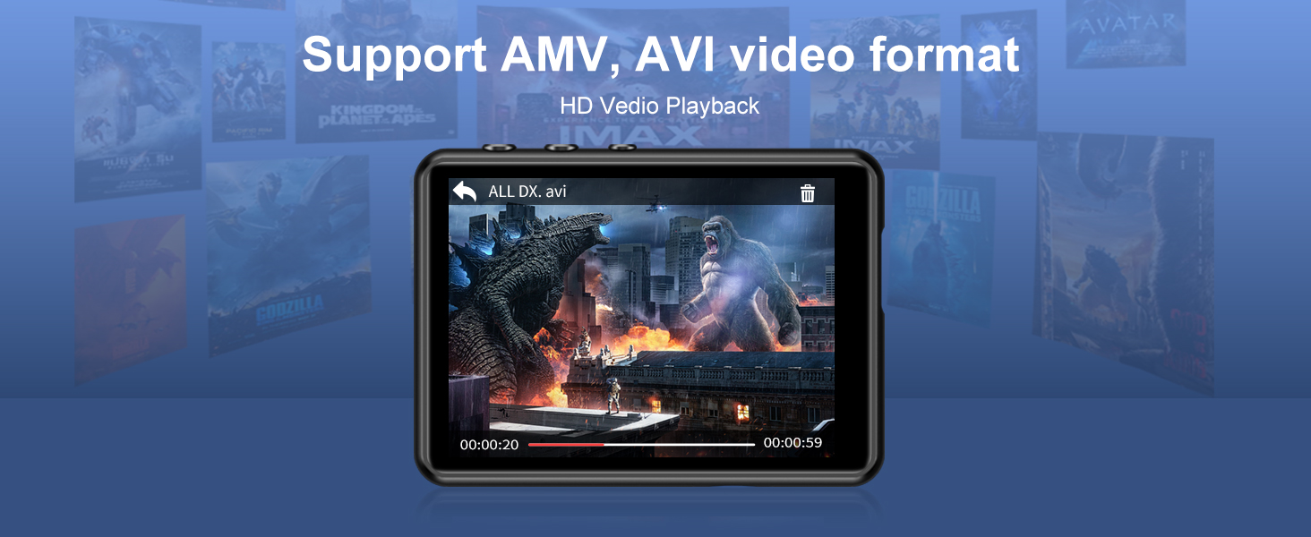 Portable media player displaying action movie scene. Device supports AMV and AVI video formats with HD video playback. Screen shows high-quality image with playback controls visible.