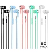 Bulk Earbuds Headphones with Microphone 50 Packs Multi Colored, Wholesale School Earphones with M...