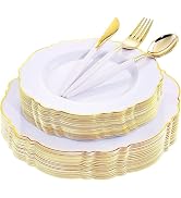 WDF 30Guest Gold Plastic Plates - High-end Baroque Design - 10.25&amp;7.5in Wedding White and Gold Pl...