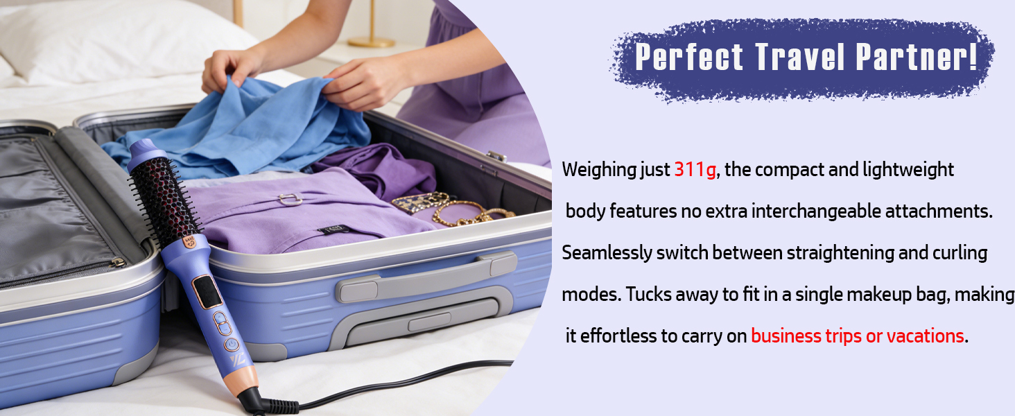 Text reads 'Perfect Travel Partner!' Shows packing cubes organizing clothes inside luggage, featuring blue and purple colored cubes with neatly folded garments.